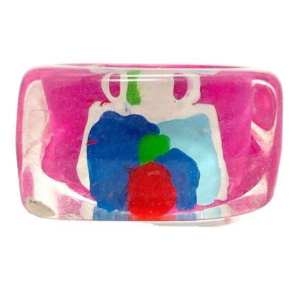 Vintage Acrylic Lucite Cocktail Ring Size 7 8 Pink Blue White Geometric HandMade - Picture 1 of 9